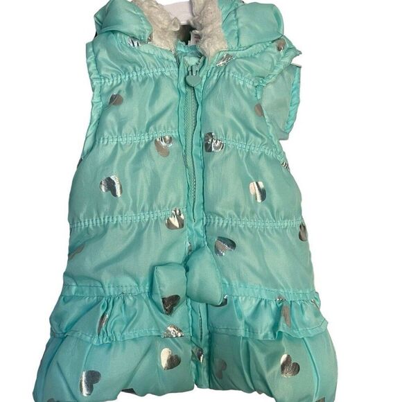 Nannette Kids Hooded Puffer Vest Baby Girls 6-9 Months Turquoise Blue Hearts Zip - Picture 2 of 10